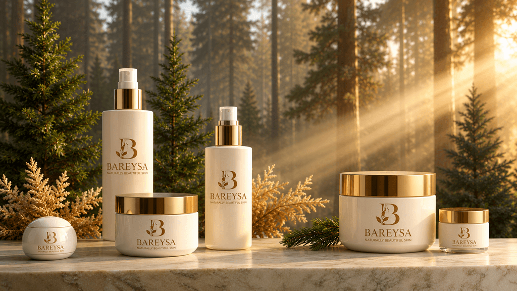 Bareysa luxury botanical cosmetics and organic skincare products on natural stone with warm morning light