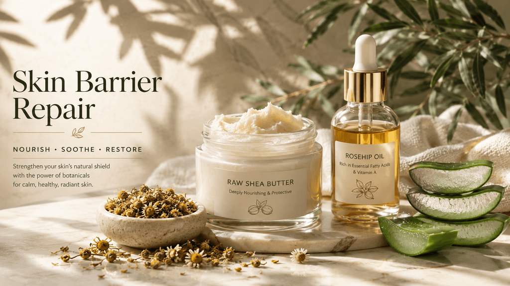 Bareysa skin barrier repair skincare products with shea butter, rosehip oil, aloe vera, and chamomile on a cream marble background.