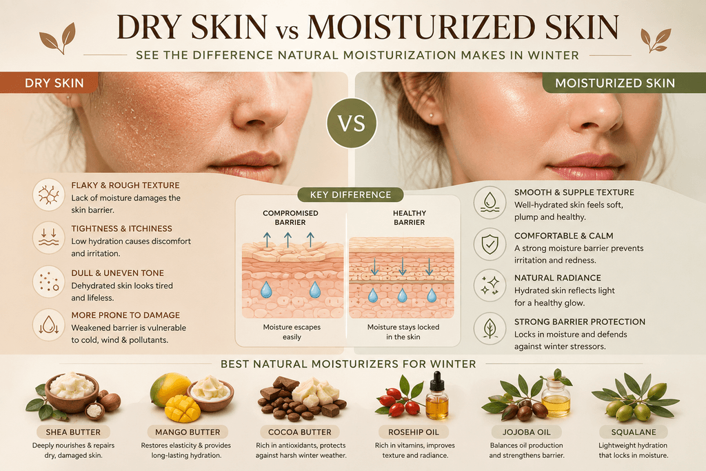**Alt Text:**
Dry skin vs moisturized skin comparison showing winter skin barrier damage, hydration benefits, and natural moisturizers including shea butter, mango butter, cocoa butter, rosehip oil, jojoba oil, and squalane.
