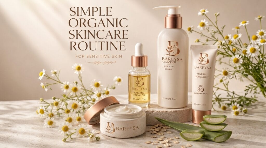 Bareysa organic skincare routine range including calming cream, facial oil, cleanser, and sunscreen with Bareysa logo on marble display with chamomile flowers and aloe vera