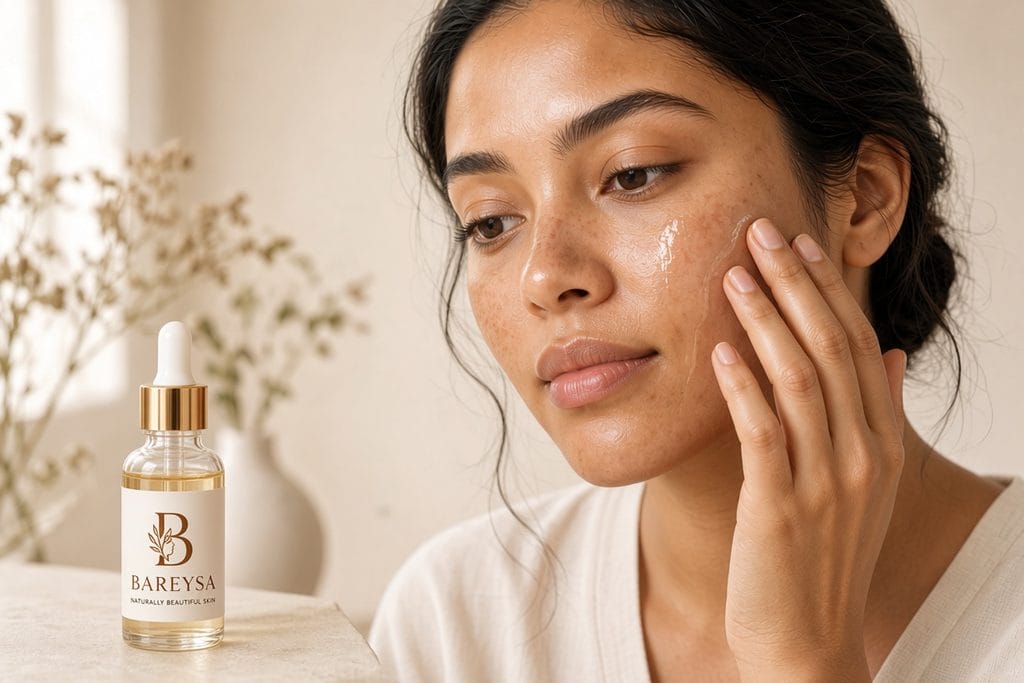 Woman applying serum for hyperpigmentation treatment and dark spots