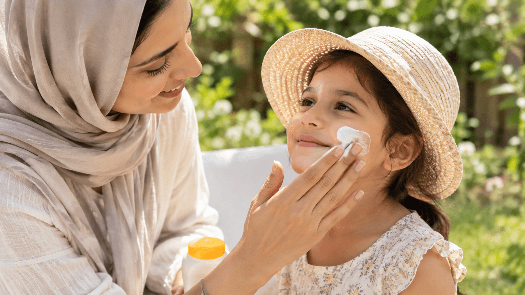 A mother applying the best sunscreen for sensitive skin kids on her child's face outdoors.