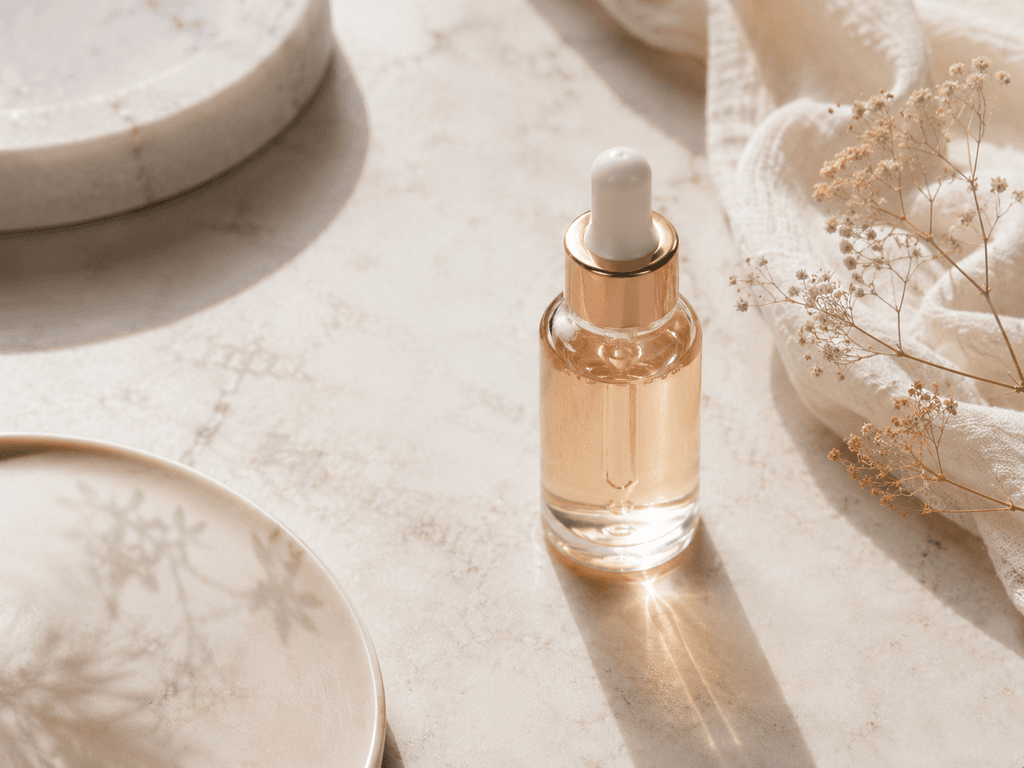 A close up photograph of a woman with clear, healthy skin gently applying a few drops of facial serum to her cheek at night, soft warm bathroom lighting, natural skincare routine, realistic skin texture, calm and relaxed expression, beauty editorial photography style Retinol for Sensitive Skin: How to Use It Safely Without Irritation