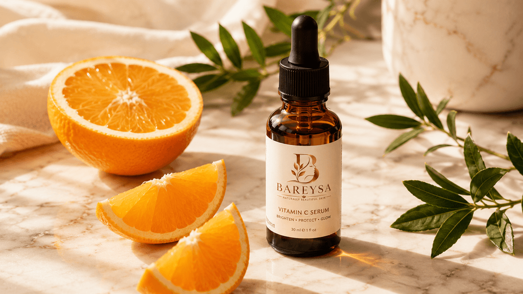 Bareysa vitamin C serum with fresh orange slices and botanical leaves on marble surface