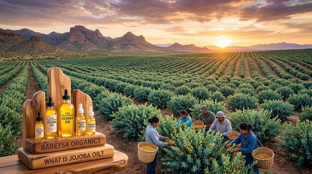 Golden bottle of pure cold pressed organic jojoba oil next to green jojoba plant seeds on a rustic wooden table